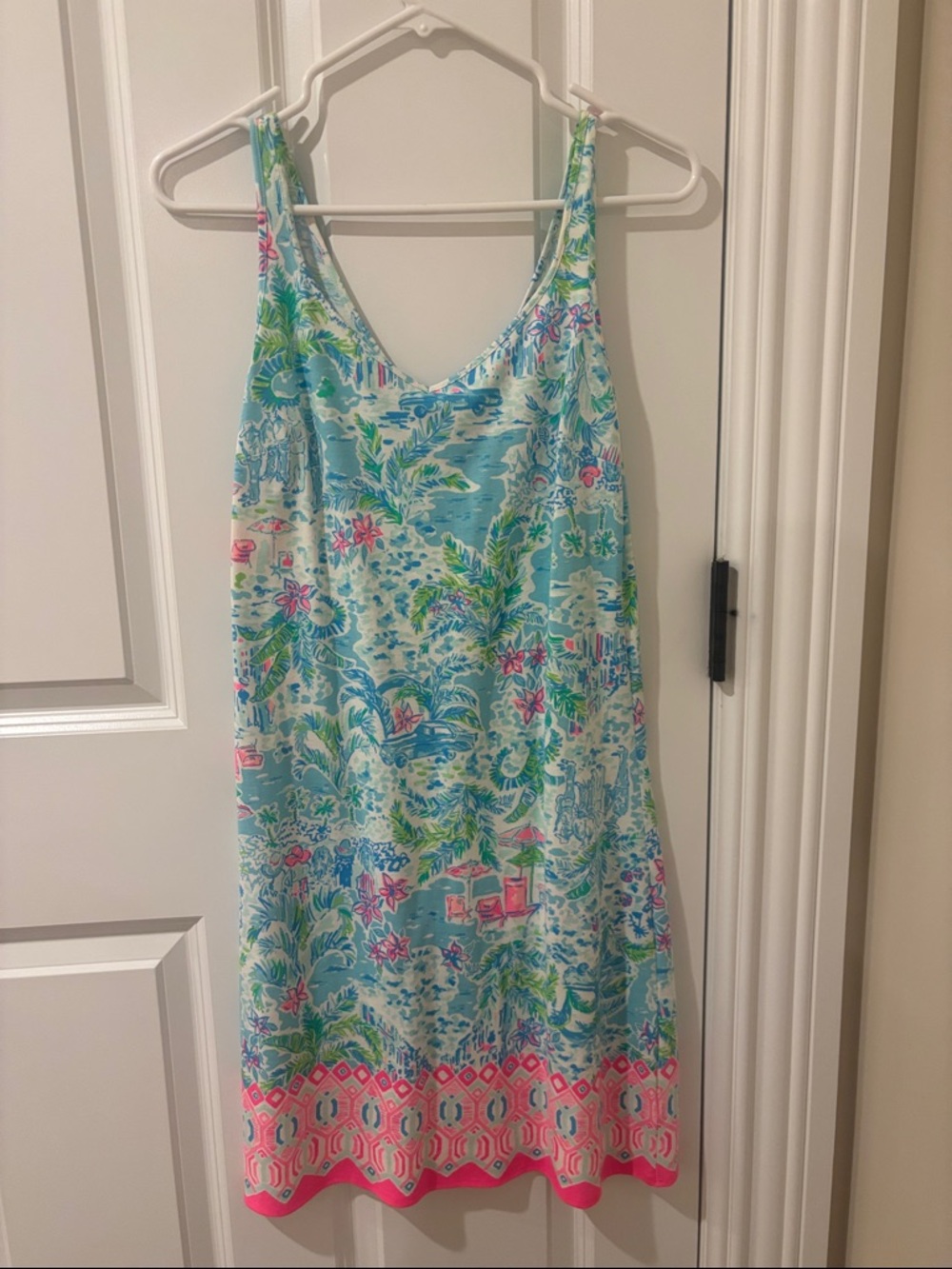 Lilly Pulitzer Mint Blue Tropical Print Sleeveless Dress with Pink Border